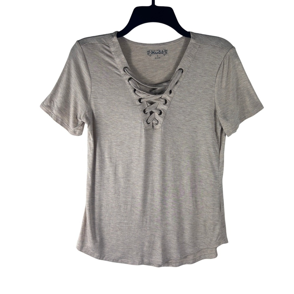 Mudd Womens Small Lace Up V-Neck Short Sleeve Top‎ Beige Rayon Spandex NWOT